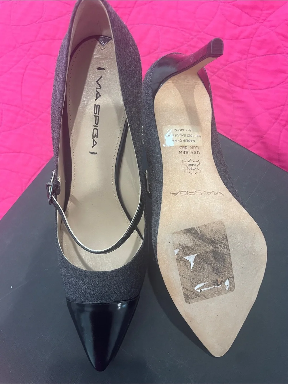 Via Spiga Gray and Black Mary Jane Pointed Toe Pumps